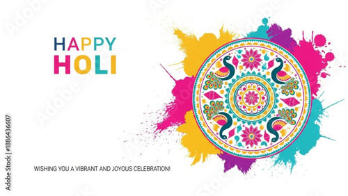 Happy Holi greeting card with colorful powder splashes and intricate mandala design celebrating Indian festival of colors vector illustration
