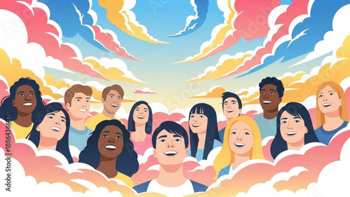 Diverse group of people looking up at colorful clouds representing hope dreams and community vector illustration for concepts