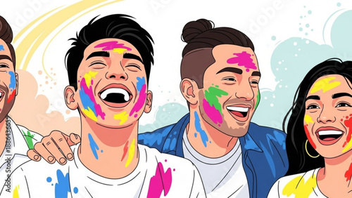 Diverse group of friends celebrating Holi festival with colorful powder paint joyful faces and laughter vector illustration for cultural events and celebrations