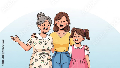 Three generations of women grandmother mother and daughter smiling together representing family love and connection isolated on a light blue background