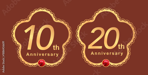 10周年と20周年のアニバーサリーエンブレムセット。ルビーが輝く金色のラベル素材。企業の創立記念やショップの周年祭、ブランドのプロモーションに最適。
