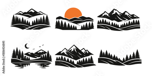 Minimalist mountain landscape set featuring pine forests, sun, moon, and lake reflections for outdoor adventure branding
