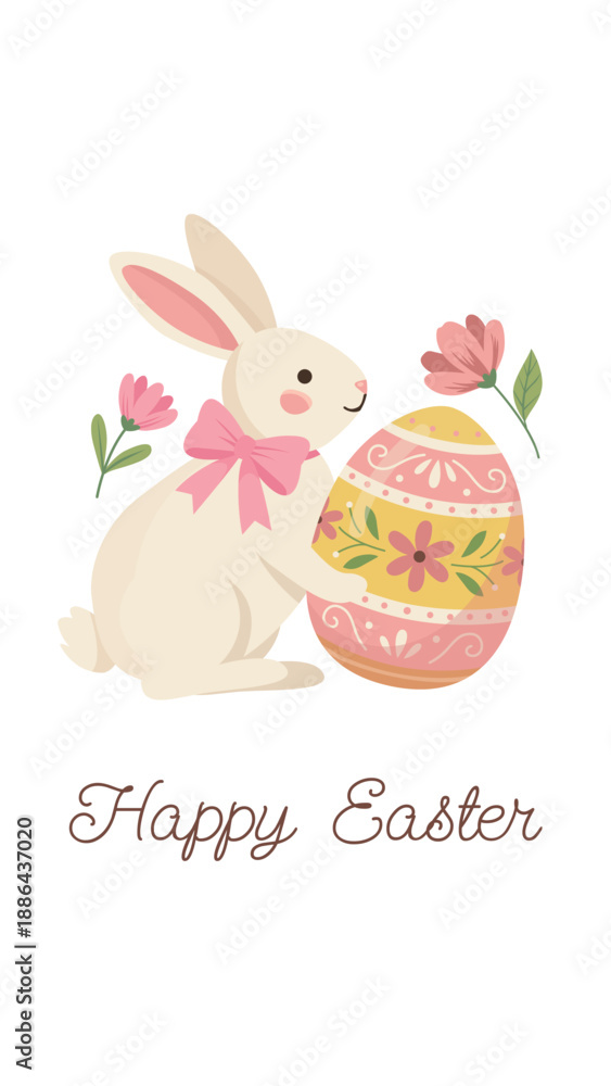Fototapeta premium Happy Easter vertical background for stories and reels. Cute bunny holding big egg vector card