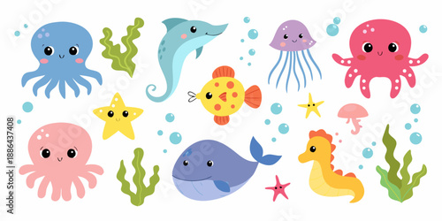 Cute cartoon sea creatures including octopus jellyfish and fish in ocean