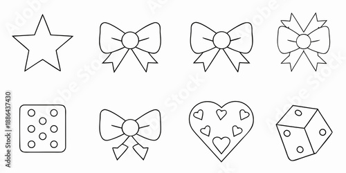 Simple black and white line drawings of stars bows dice and hearts