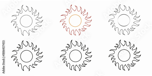 Arrangement of six circular designs with radiating lines and central openings