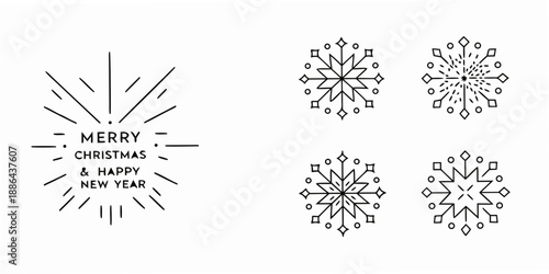 Simple black and white illustration of snowflakes and a christmas greeting