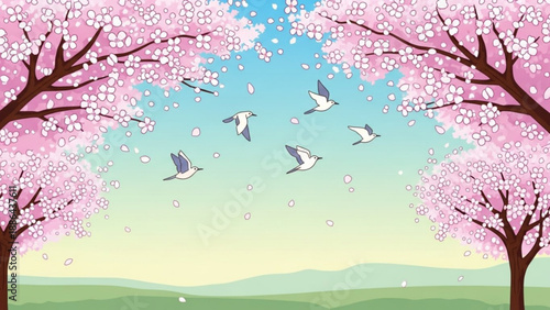Flock of birds flying through blooming cherry blossom trees a serene spring landscape with falling petals and a clear blue sky