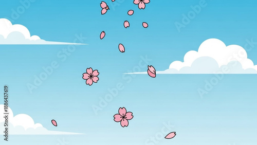 Falling cherry blossom petals against a clear blue sky with fluffy clouds a symbol of spring and renewal perfect for seasonal design and nature themes