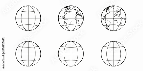 A collection of oval globes displaying geographical outlines and grid lines