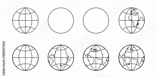 Illustrations of globes and circles in a simple black and white style