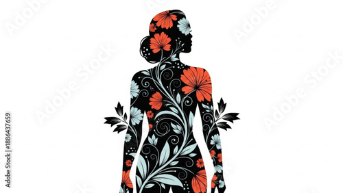 Silhouette of a woman adorned with a floral pattern representing beauty nature and femininity isolated on a white background