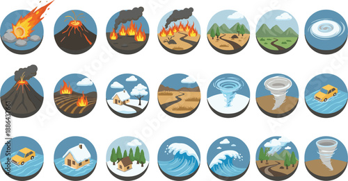 Large collection of natural disaster vector icons including volcanic eruptions, wildfires, floods, tsunamis, tornadoes, and meteor strikes for emergency preparedness and environmental education.