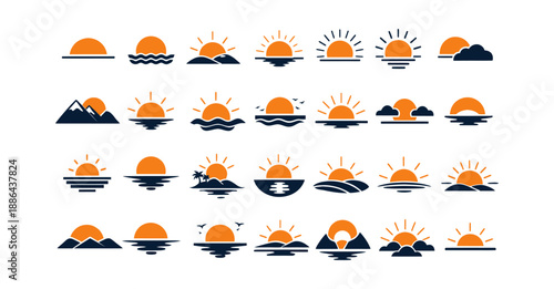 Minimalist landscape icon set featuring suns, horizons, mountains, and waves for nature and travel branding