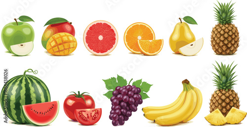 Large collection of fresh fruit vector icons including apple, mango, grapefruit, orange, pear, pineapple, watermelon, tomato, grapes, and bananas for healthy lifestyle branding.