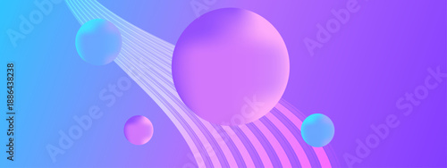 Modern 3D spheres and orbital lines on a blue and purple cosmic gradient background