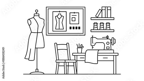 A minimalist illustration of a sewing room with a mannequin and machine