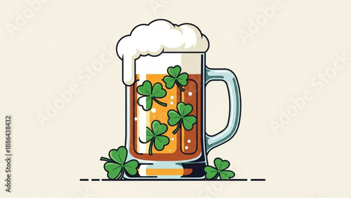 St Patricks Day beer mug with shamrocks festive illustration for Irish celebration flat design element on light background