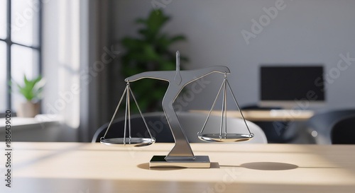 A silver scale of justice sits on a desk in a modern office