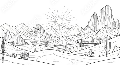 Desert landscape with mountains and cacti under a radiant sun.