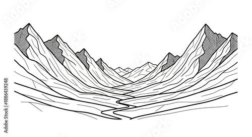 Stylized mountain range with winding river illustration.