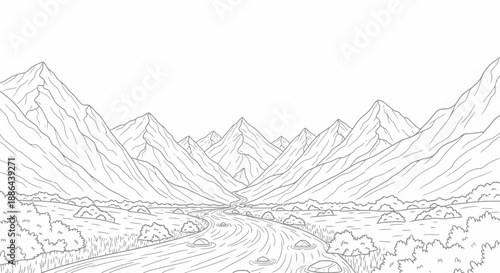 Detailed line drawing of a vast mountain range with a winding river.