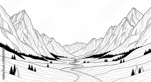 Mountain valley with winding river and pine trees line art illustration.
