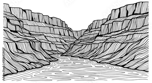Hand drawn illustration of a vast canyon with a river flowing through it.