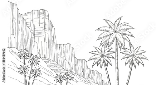 Palm trees in front of a rocky cliff face illustration.