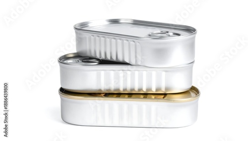 A stack of three metallic tin cans on a white background