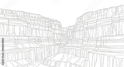 Wireframe illustration of a vast canyon landscape.