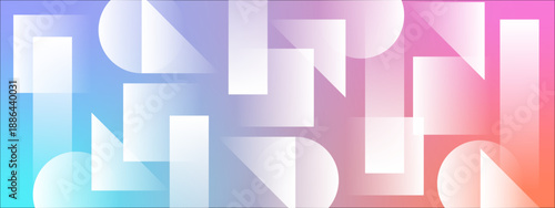 Minimalist composition of translucent geometric forms layered over a vibrant blue pink and orange gradient background