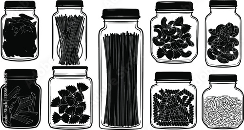 Black and white illustration of various objects in glass jars