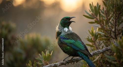 A tui bird, with iridescent feathers and white tuft, singing on a branch in morning light