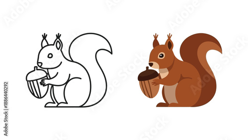 Adorable cartoon squirrel holding a large acorn presented in both a simple outline style and a full color vector illustration format