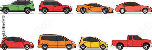 Colorful car icons set showing various vehicle types side view, hatchback sedan suv sports pickup isolated vector illustration