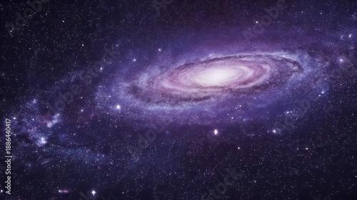 A vibrant galaxy swirls with trails in a starry, purple expanse