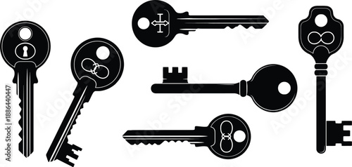 Collection of various black keys for unlocking