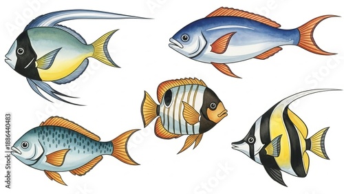 A collection of five vibrant tropical fish swim together in the ocean, viewed from the side.