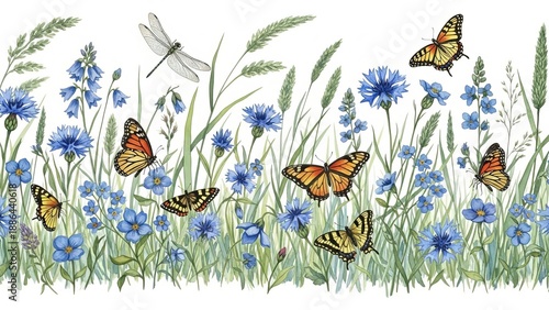 Butterflies and dragonfly flutter among blue wildflowers in a lush green meadow from a bird's eye view