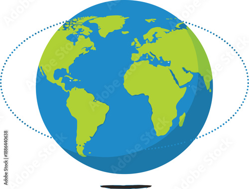 Earth globe illustration showing world map continents orbit path global connection geography education isolated vector flat design