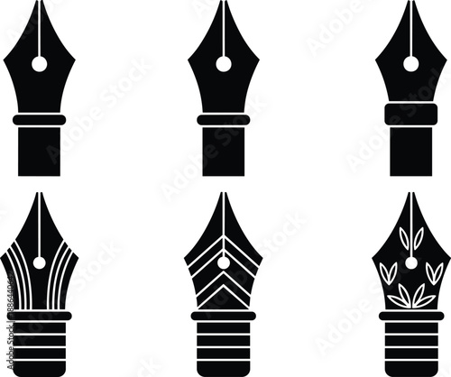 Fountain pen nib icons set, calligraphy writing tips symbols for ink pen typography logo design isolated black vector illustration