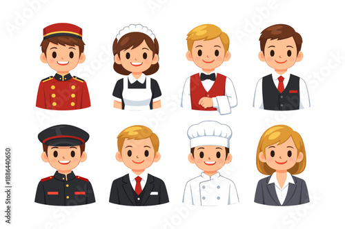 Diverse hotel and restaurant staff occupation avatars