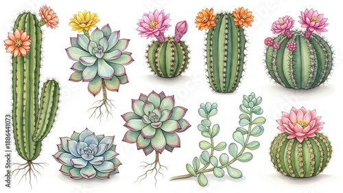 A digital illustration featuring various species of cacti and succulents in bloom from a front viewpoint.