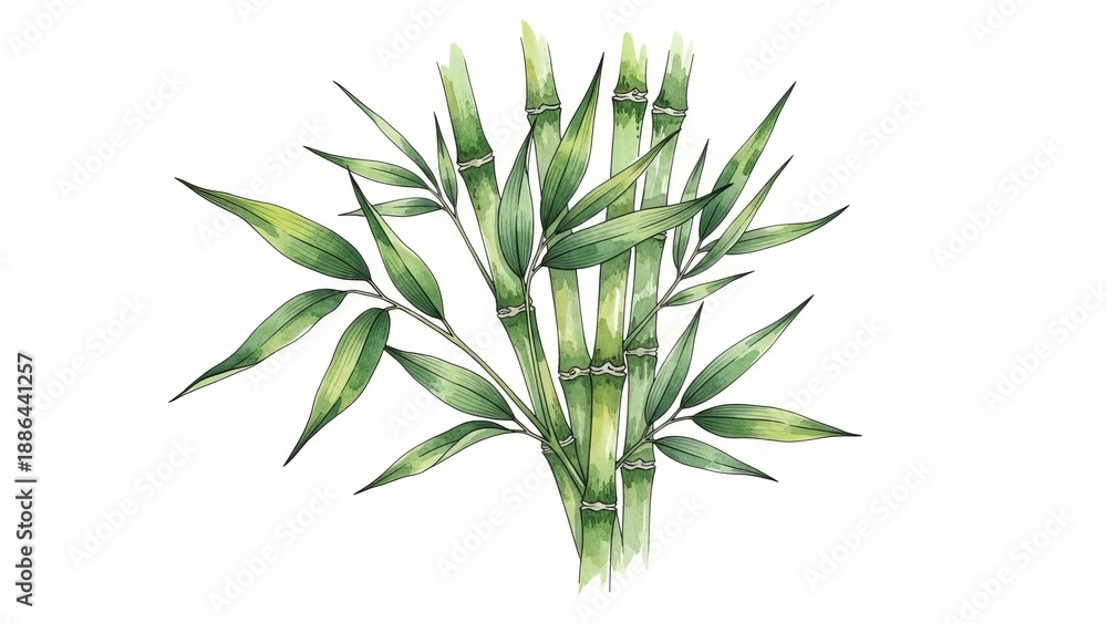 Fototapeta premium Bamboo illustration with lush green leaves depicted from a top view in a natural setting