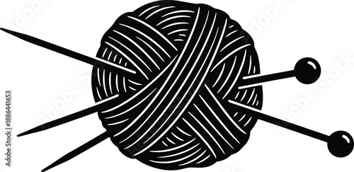 Black and white illustration of a ball of yarn with knitting needles