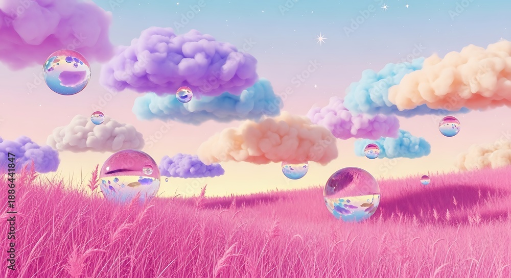 Fototapeta premium A vibrant and whimsical sky scene featuring soft, pastel-colored clouds and several spherical orbs floating gracefully.