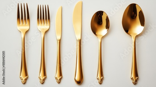 Gold Flatware Set on Grey Background.