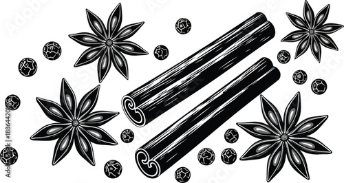 Black and white illustration of cinnamon sticks and star anise with berries