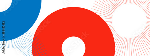 Modern abstract composition featuring solid red and blue circular shapes with thin radiating lines on a white base